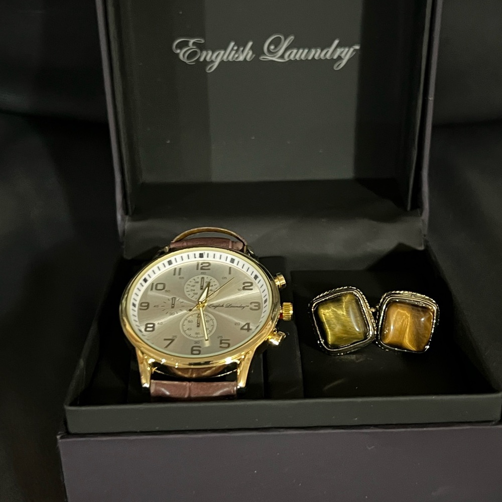 English Laundry Gold and Brown Watch with Matching Cufflinks